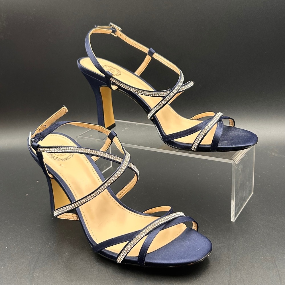 VTG I Miller Strappy Sandals 8.5 Navy Rhinestone Satin Glamour Wedding Cocktail